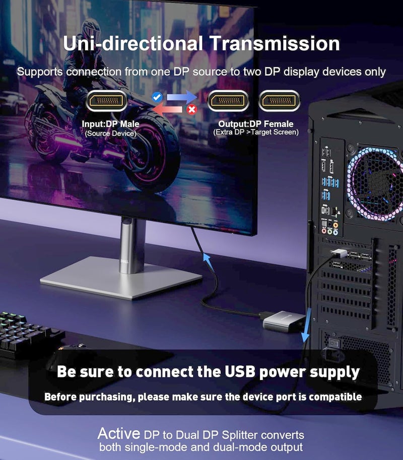 REBORN DisplayPort to Dual DisplayPort Splitter 4K@60Hz Display Port Splitter 1 in 2 Out for Dual Monitor Extended Display DP Source to 2 DP Adapter with PC, Graphics Card, Lenovo, HP and More - Image 5